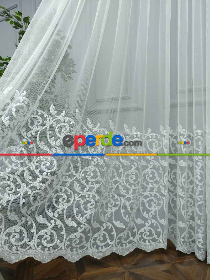 Eteği Duble Nakış İşlemeli Lüx Tül Perde Ikon 2021- Beyaz Buz Beyazı