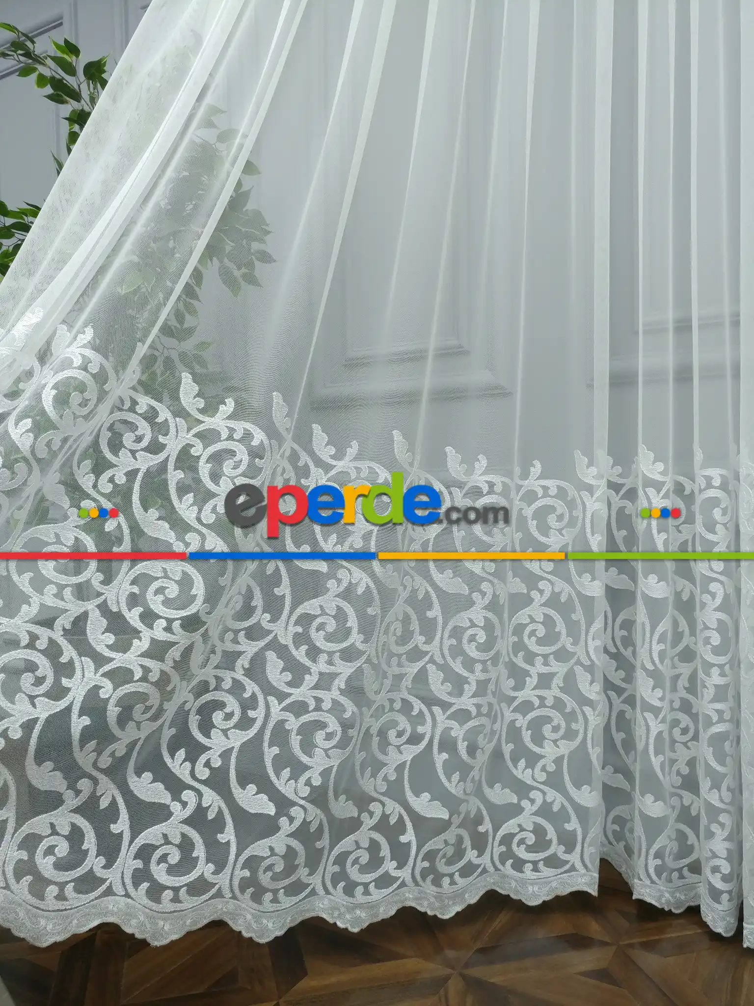Salon Tül Perde - Eteği Duble Nakış İşlemeli Tül Perde Ikon 2021- Beyaz Buz Beyazı