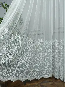 Salon Tül Perde - Eteği Duble Nakış İşlemeli Tül Perde Ikon 2021- Beyaz Buz Beyazı