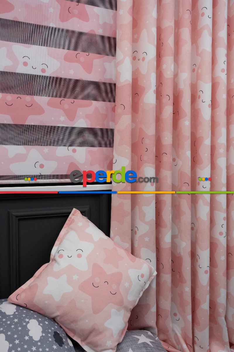 Trend Bebek - Çocuk - Genç Odası Fon Perde Modelleri 2025 (sınırsız En Ölçüsü )- Pembe Açık-pembe Koyu-ekru