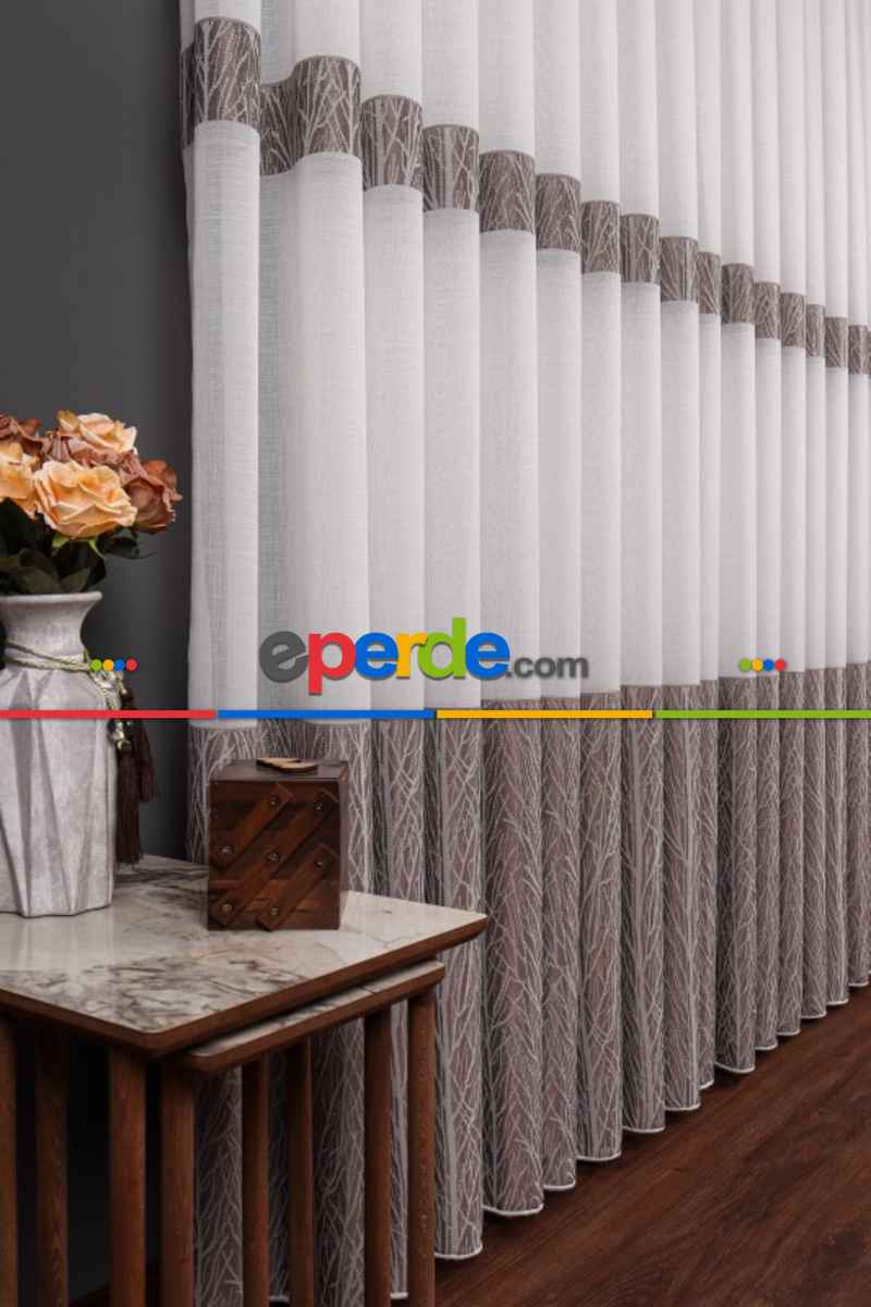 Salon Tül Modelleri - Keten Etek Dokuma Ekru-gri Tül Perde