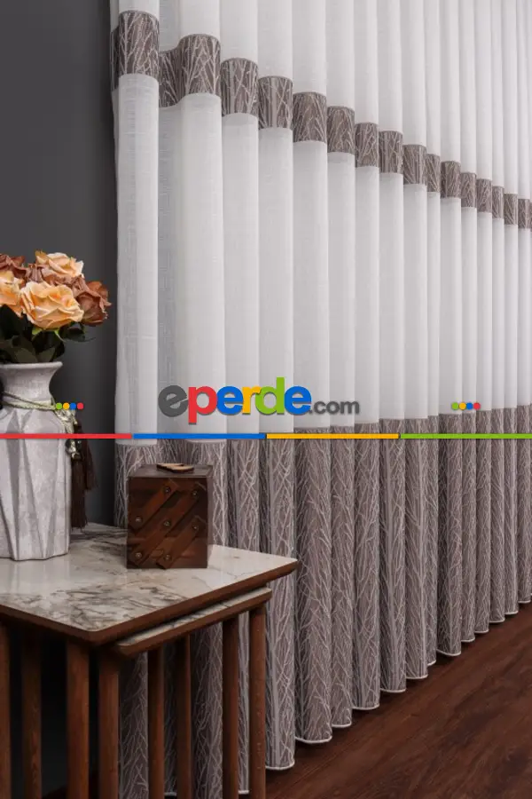 Salon Tül Modelleri - Keten Etek Dokuma Ekru-gri Tül Perde