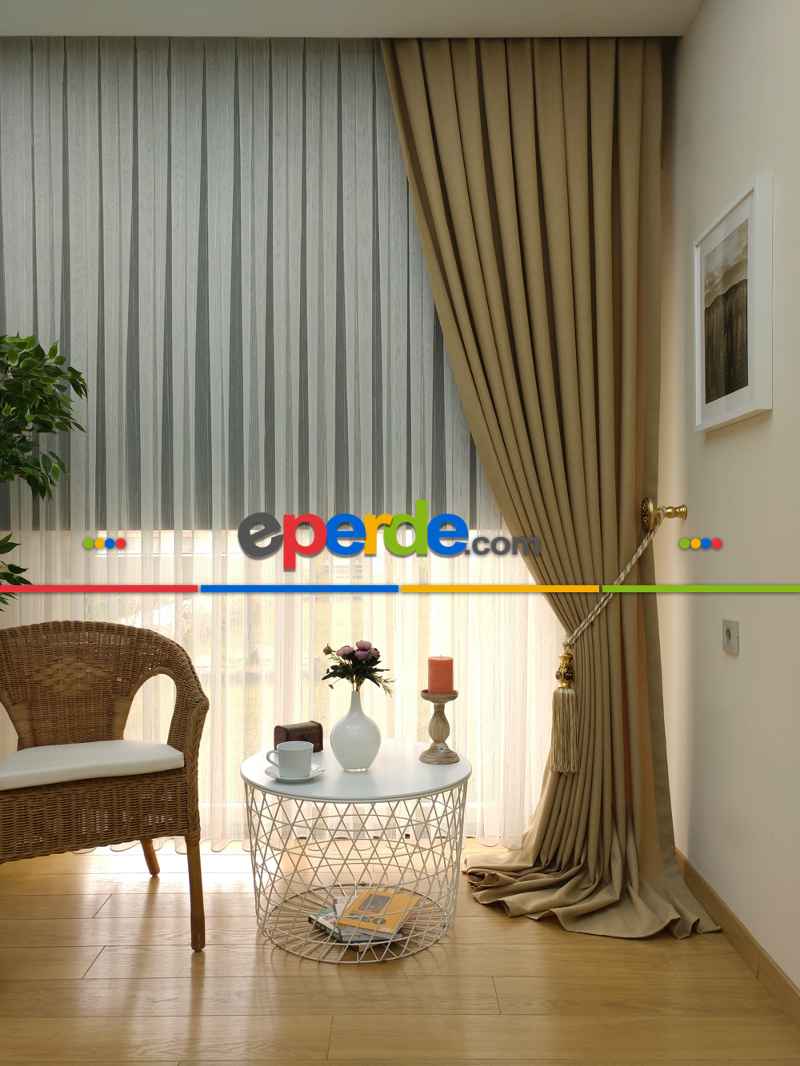 Yatak Odası - Keten Açık Be Rengi Düz Fon Perde- Taş Rengi