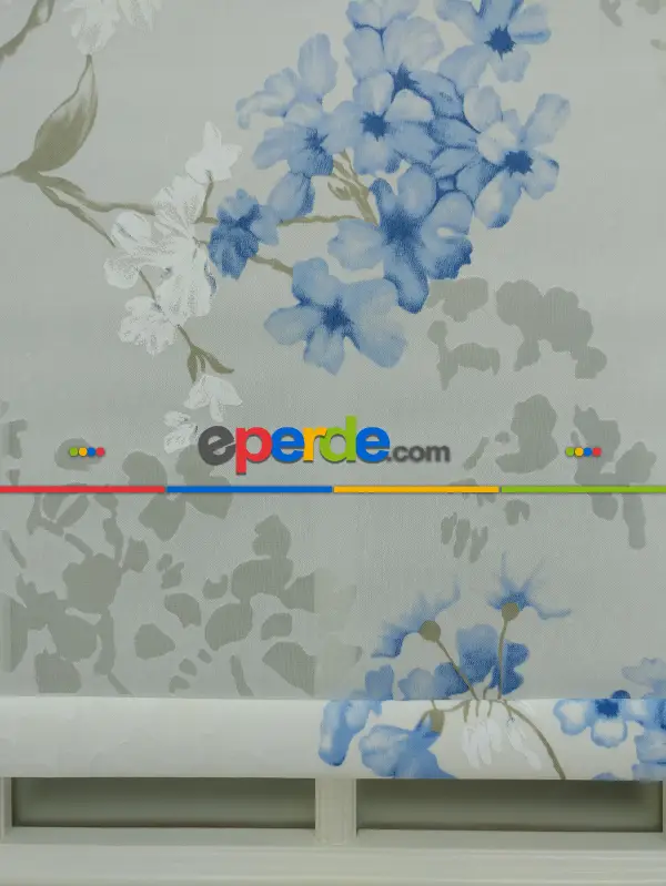 Desenli Mutfak Stor Perde- Mavi