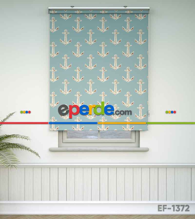 Çapa Desenli Baskılı Stor Perde- Mavi-ekru-kahve