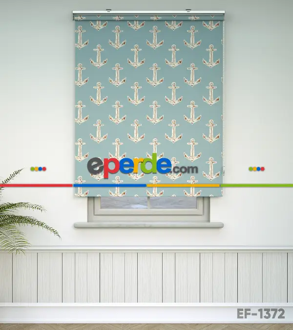 Çapa Desenli Baskılı Stor Perde- Mavi-ekru-kahve