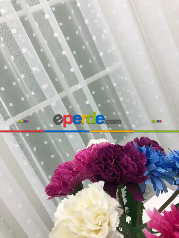 Puantiyeli Spor Desenli Tül Perde- Ekru - Kurşunlu Tül