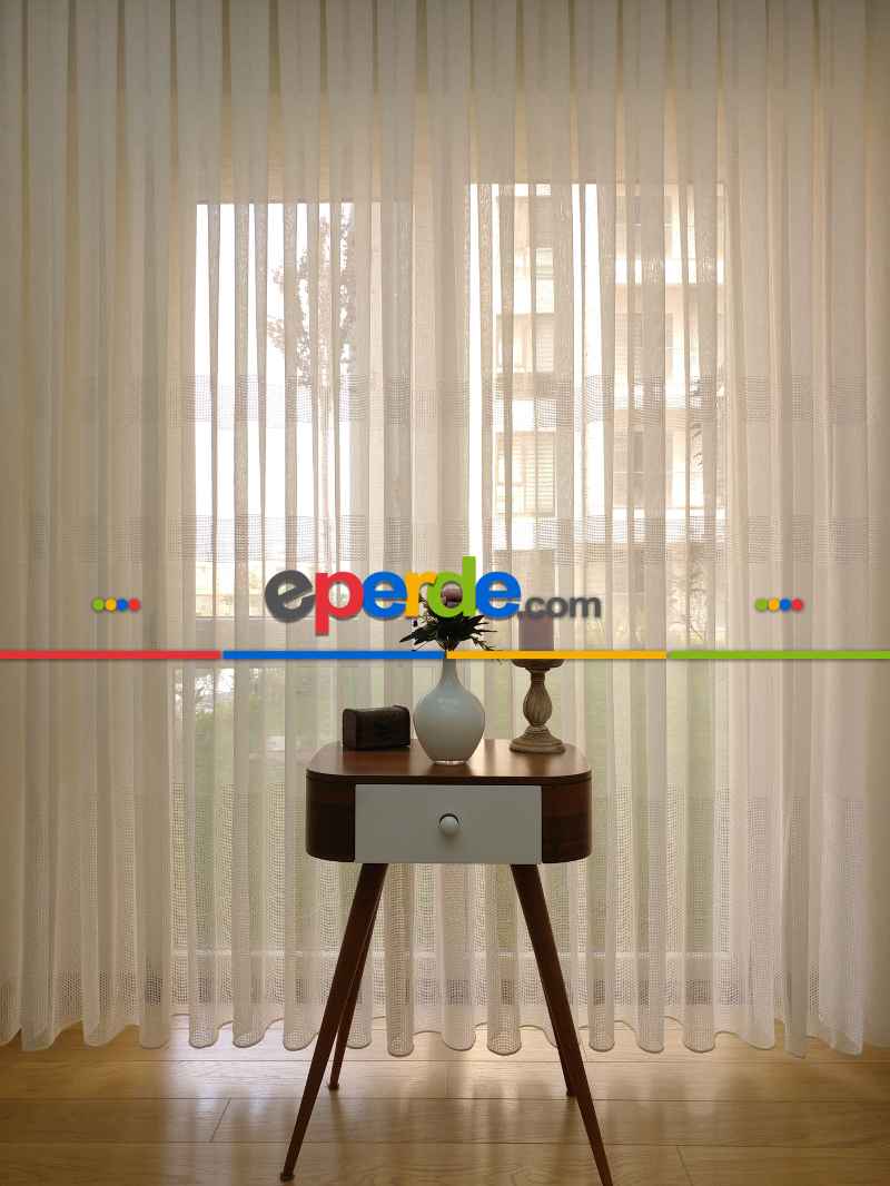 Mutfak - Bantlı Keten Doğal Tül Perde- Krem