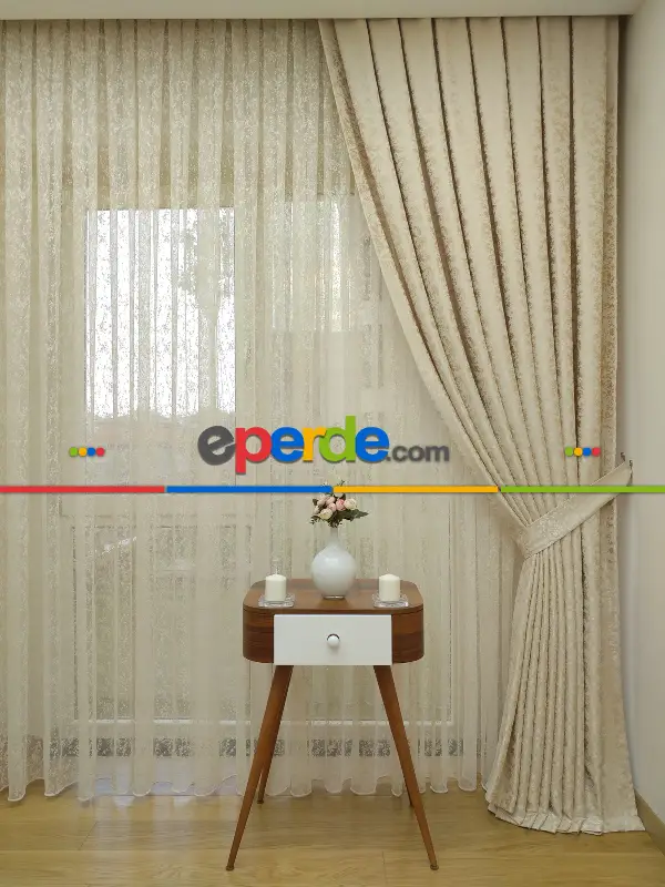 Yatak Odası - PatineDesenli Açık Bej Duz Jakar Fon Perde (180)- Bej