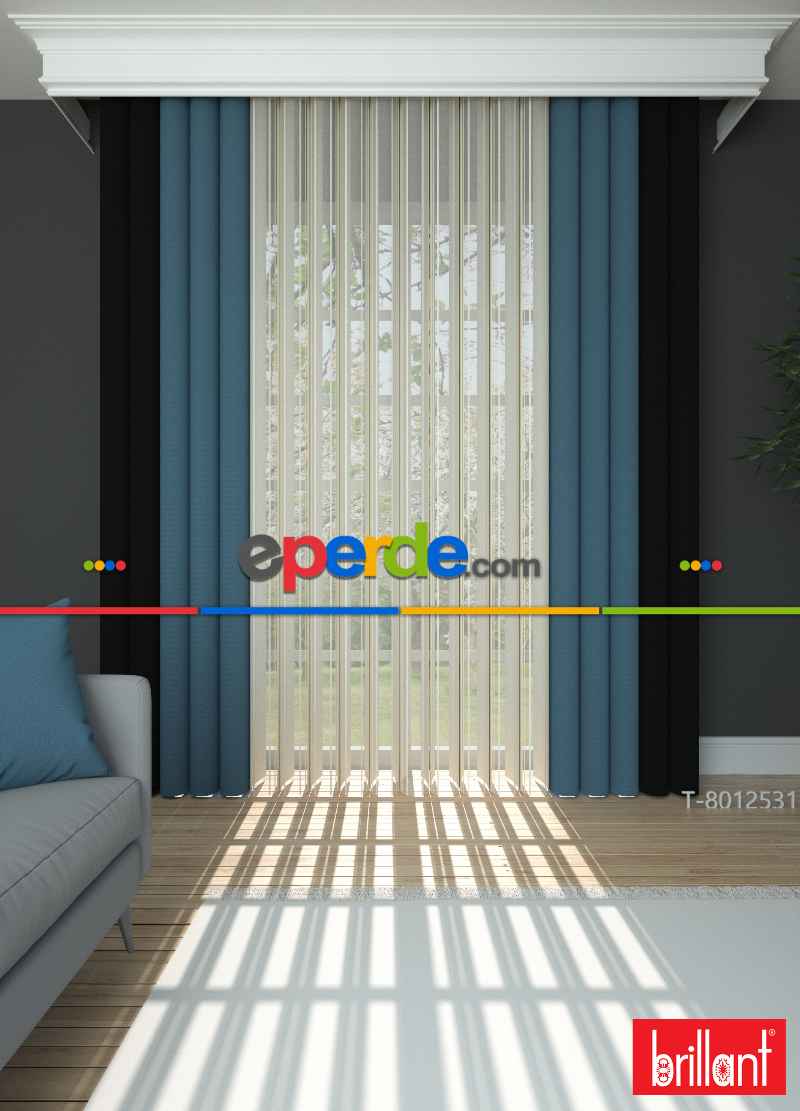 Brillant Akıllı Tül Siyah-açık Mavi Perde Tül Dikey Zebra Perde Düz 1. Kalite