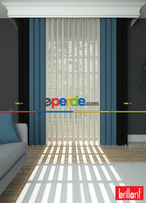 Brillant Akıllı Tül Siyah-açık Mavi Perde Tül Dikey Zebra Perde Düz 1. Kalite