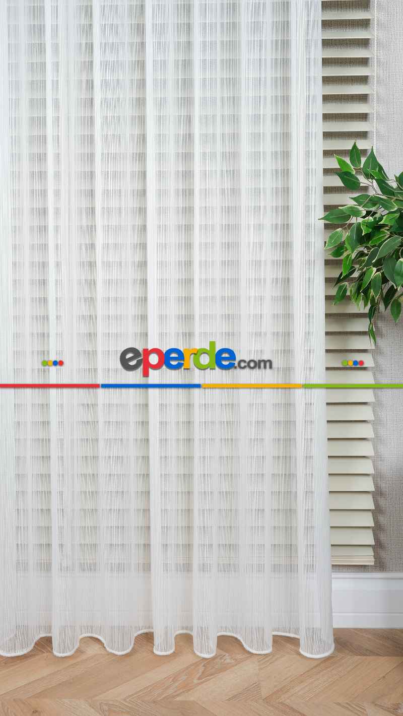 Ekru Çizgili Tül Perde, Ağır Gramajlı Premium Seri, Kurşunlu Etek