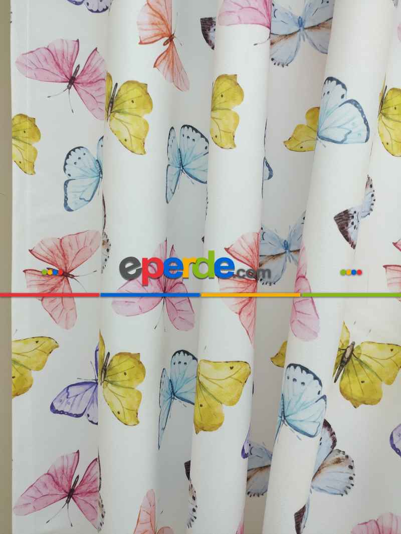 Kız Çocuk Odası Fon Perde - Kelebek Desenli Fon Perde