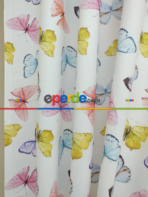 Kelebek Desenli Kız Bebek Ve Çocuk Odası Fon Perde Modelleri- Sarı-Beyaz-Turkuaz-Pembe