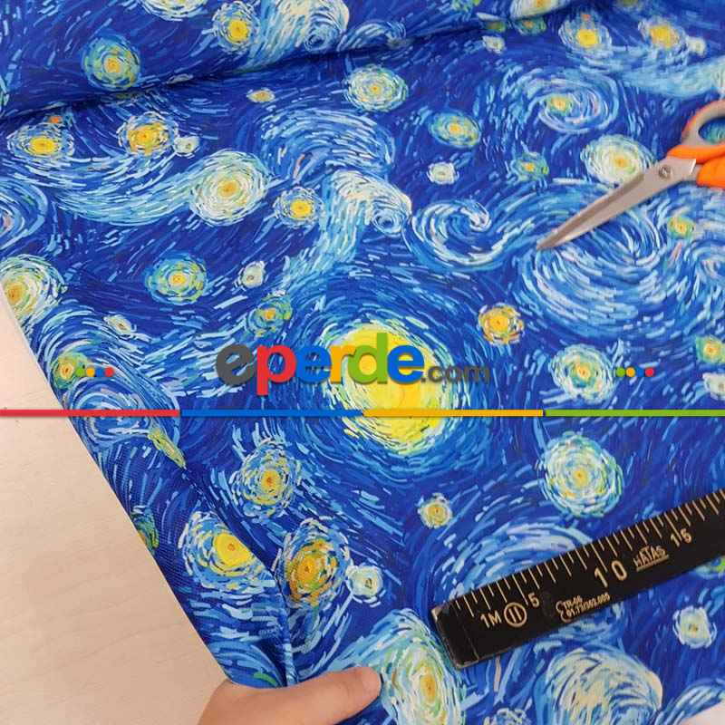 Van Gogh Yıldızlı Gece Desenli Fon Perde Evm679 Kumaşı Kalındır Duck Bezi Değildir- Mavi-Sarı-Beyaz-Mavi Açık-Mavi Koyu