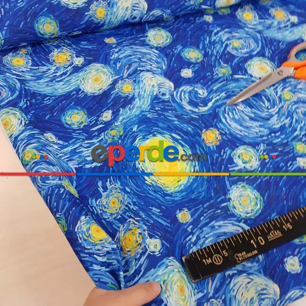 Van Gogh Yıldızlı Gece Desenli Fon Perde Evm679 Kumaşı Kalındır Duck Bezi Değildir- Mavi-Sarı-Beyaz-Mavi Açık-Mavi Koyu