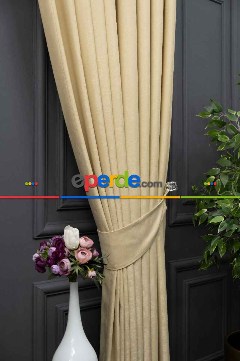 Salon - Soft Açık Bej Fon Perde Dökümlü Eni - Kum Beji