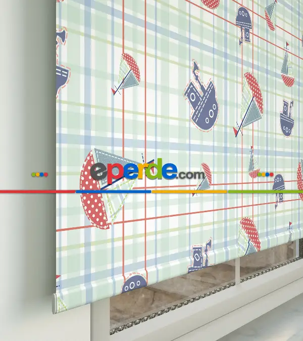 Bebek Odası - Gemi Desenli Baskılı Stor Perde- Çok Renkli