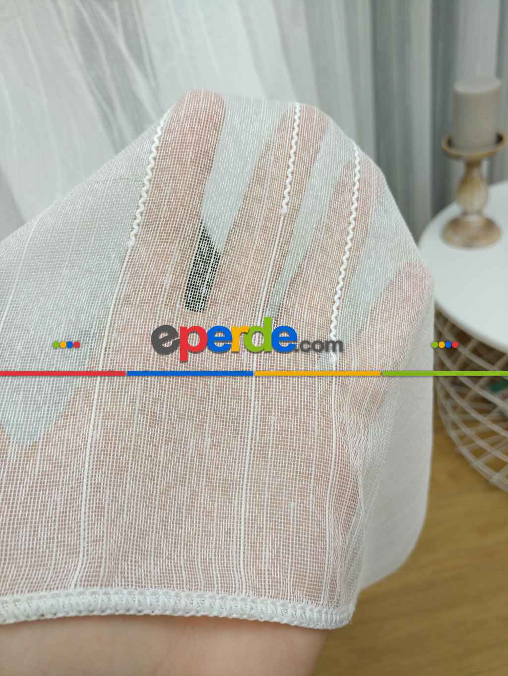 Çizgili Keten Tül Perde- Ekru - Kurşunlu Tül