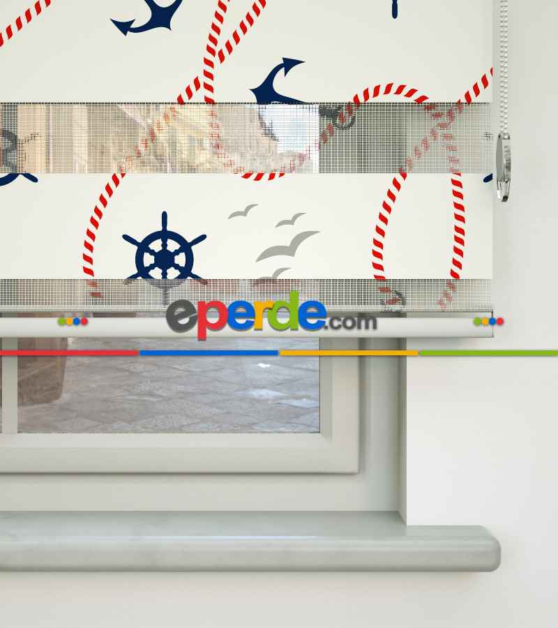 Bebek Odası Zebra Perde - Çapa Baskılı Zebra Perde- Mavi-Kırmızı-Beyaz