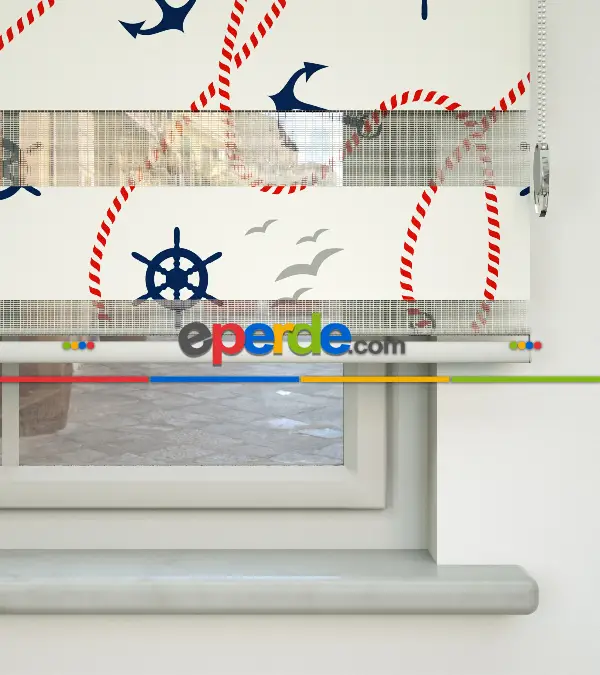 Bebek Odası Zebra Perde - Çapa Baskılı Zebra Perde- Mavi-Kırmızı-Beyaz