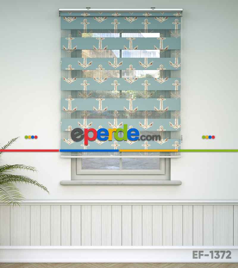 Bebek Odası Zebra Perde - Çapa Desen Baskılı Zebra Perde- Mavi-Kahverengi