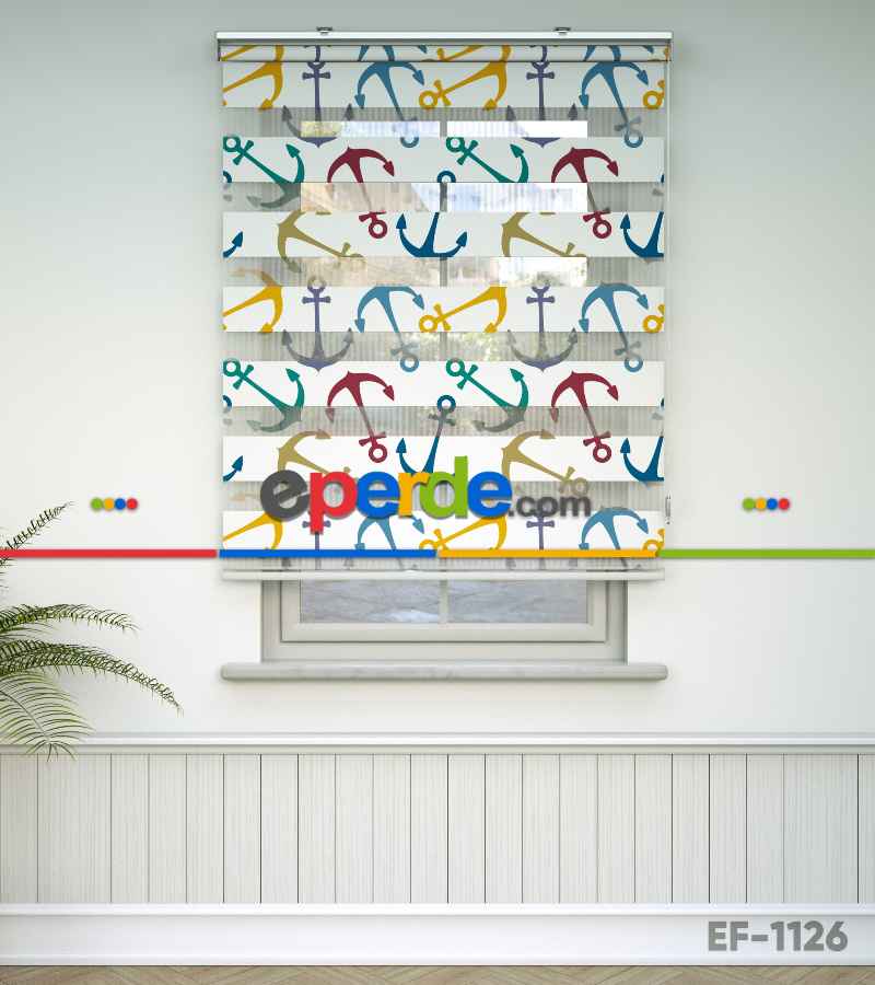 Genç Odası - Renkli Çapa Baskılı Zebra Perde- Mavi-sarı-beyaz-turkuaz