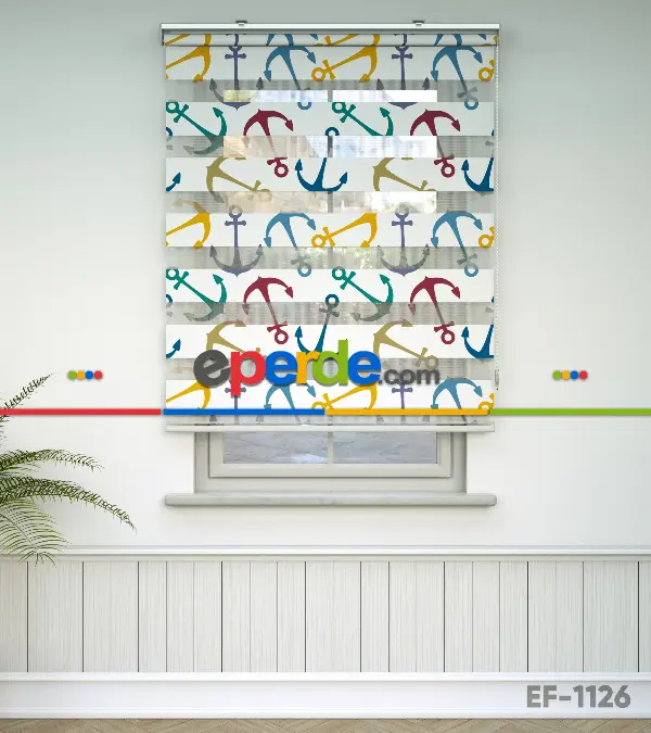 Çocuk Odası Zebra Perde - Renkli Çapa Baskılı Zebra Perde- Mavi-Sarı-Beyaz-Turkuaz