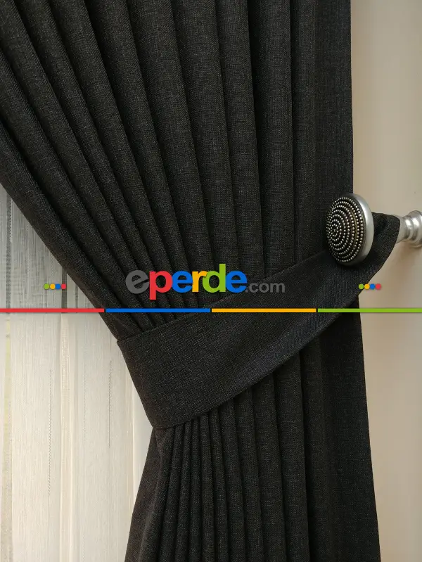 Yatak Odası - Keten Füme Antrasit Renk Düz Fon Perde (  )- Füme