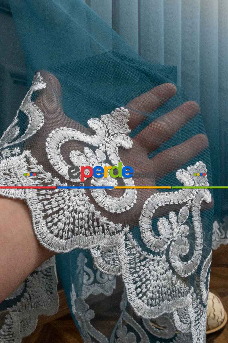 Turkuaz Etek Nakışlı Renk Geçişli Degrade Tasarım Tül Perde