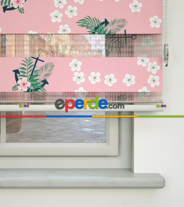 Bebek Odası Zebra Perde - Gemici Baskılı Zebra Perde- Beyaz-Pembe-Su Yeşili