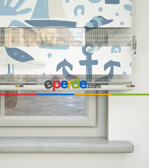 Bebek Odası Zebra -  Denizci Desenli Baskılı Zebra Perde- Mavi-Çok Renkli-Kum Beji