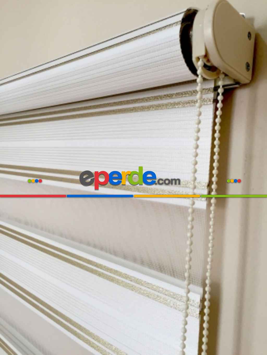 Pliseli Zebra Perde Altın Sim Şeritli- Beyaz