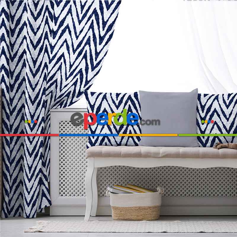 Etnik Fon Perde Evim1524 Kumaşı Kalındır Duck Bezi Değildir- Mavi-beyaz