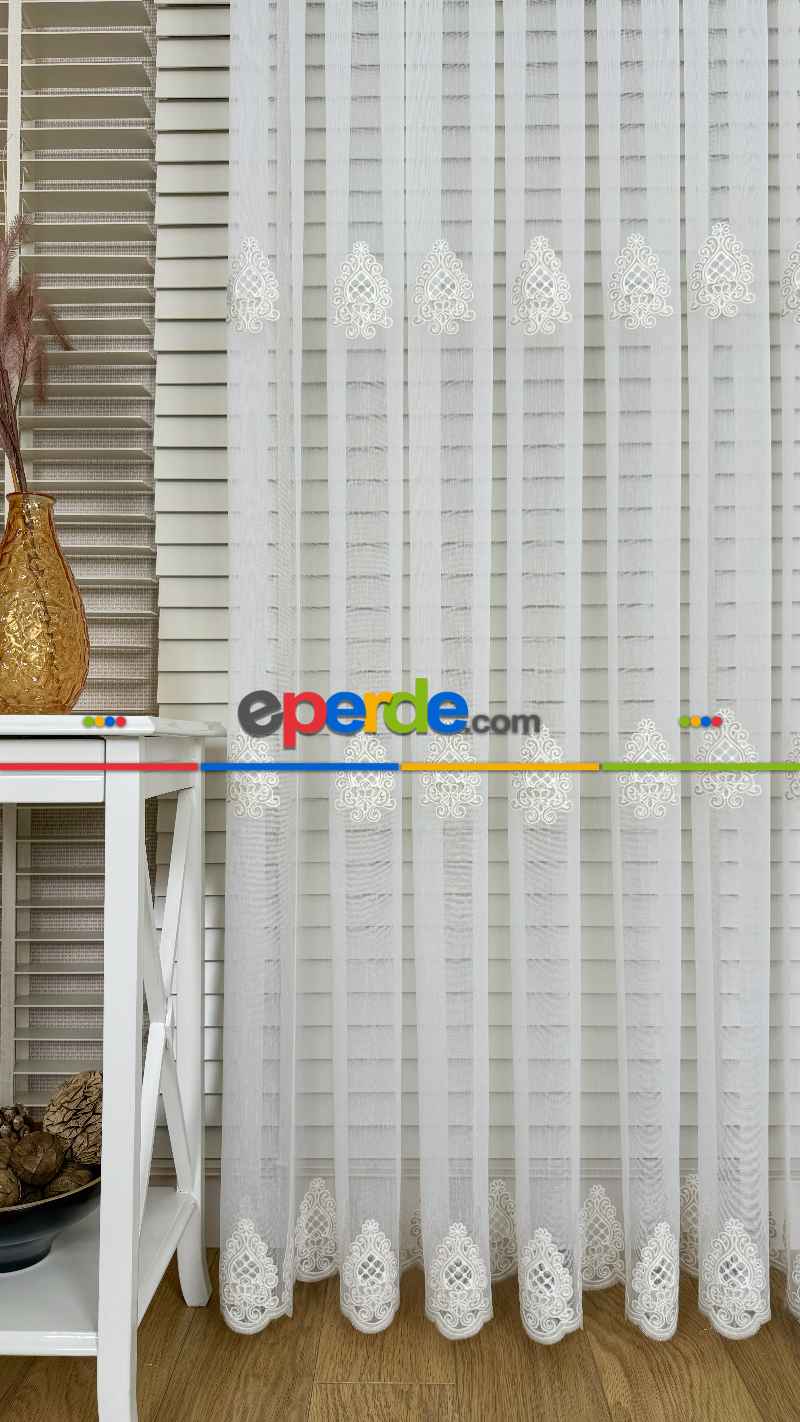 Oturma Odası Ekru Özel Dokuma Damask, Bej Özel İplik Brode İşlemeli Tül Perde - Ağır Gramajlı Premium Nakışlı