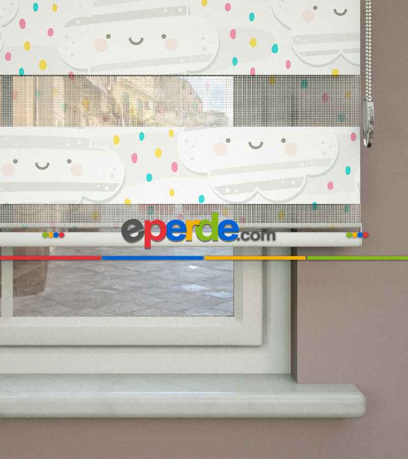 Bulut Desenli Baskılı Zebra Perde- Çok Renkli