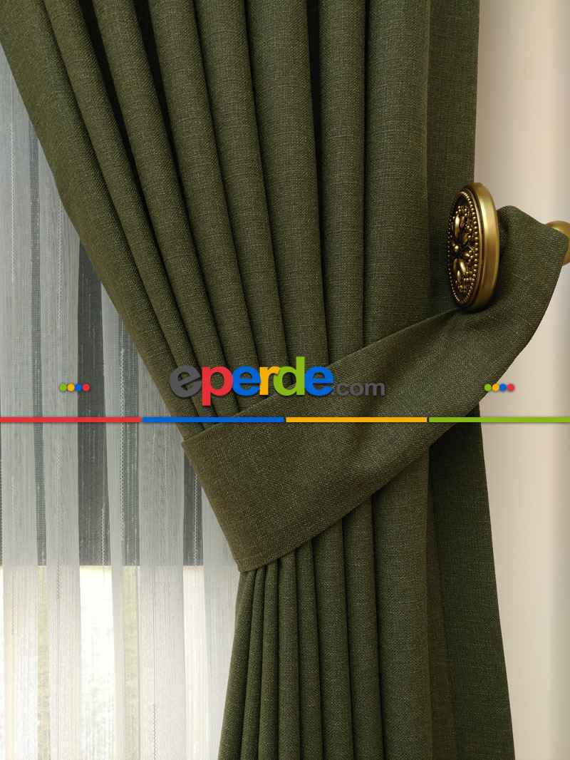 Haki Yeşili - Düz Keten Fon Perde ( Keten Fon Perde)- Yeşil-haki