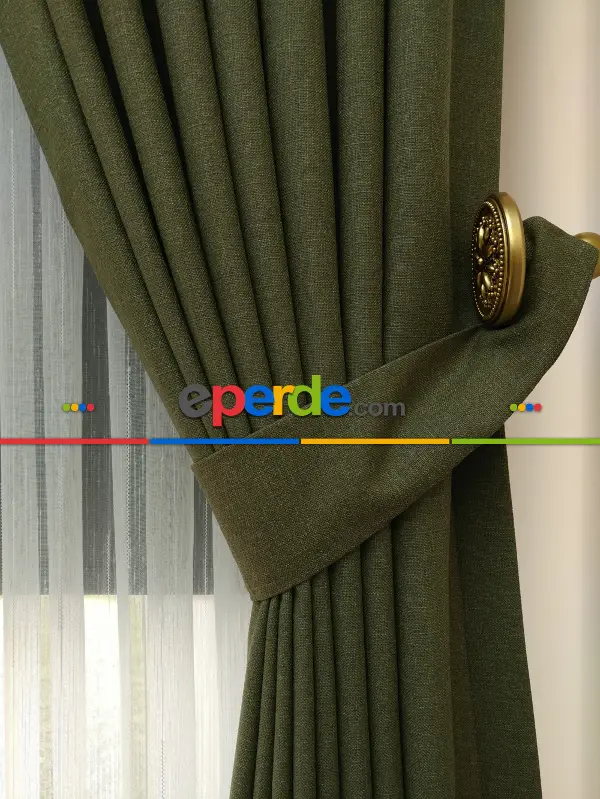 Salon Perdesi - Haki Yeşili - Düz Keten Fon Perde (  Keten Fon Perde)- Yeşil