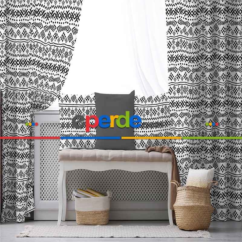 Etnik Fon Perde Evim1513 Kumaşı Kalındır Duck Bezi Değildir- Mavi-beyaz