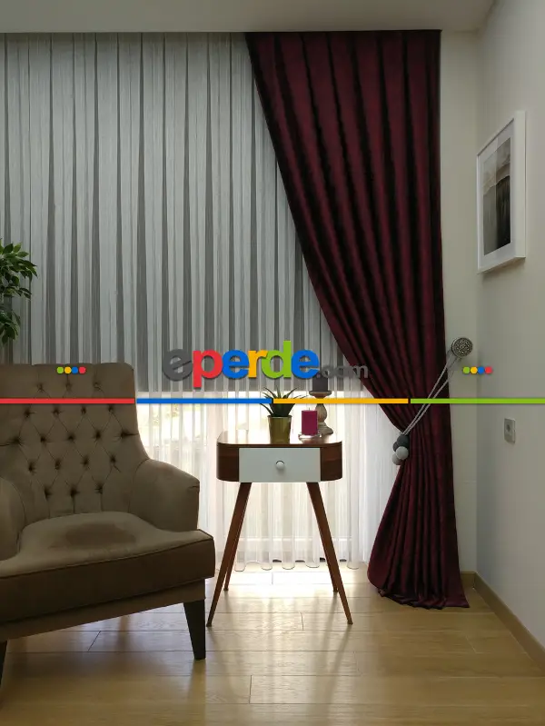 Koyu Bordo Renk Jakar Desenli Fon Perde- Bordo