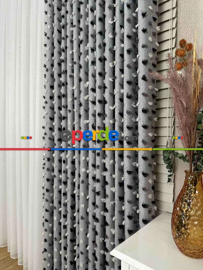 Yatak Odası - Gri Ponponlu Jakar Dokuma, Premium Kalite Serisi Fon Perde