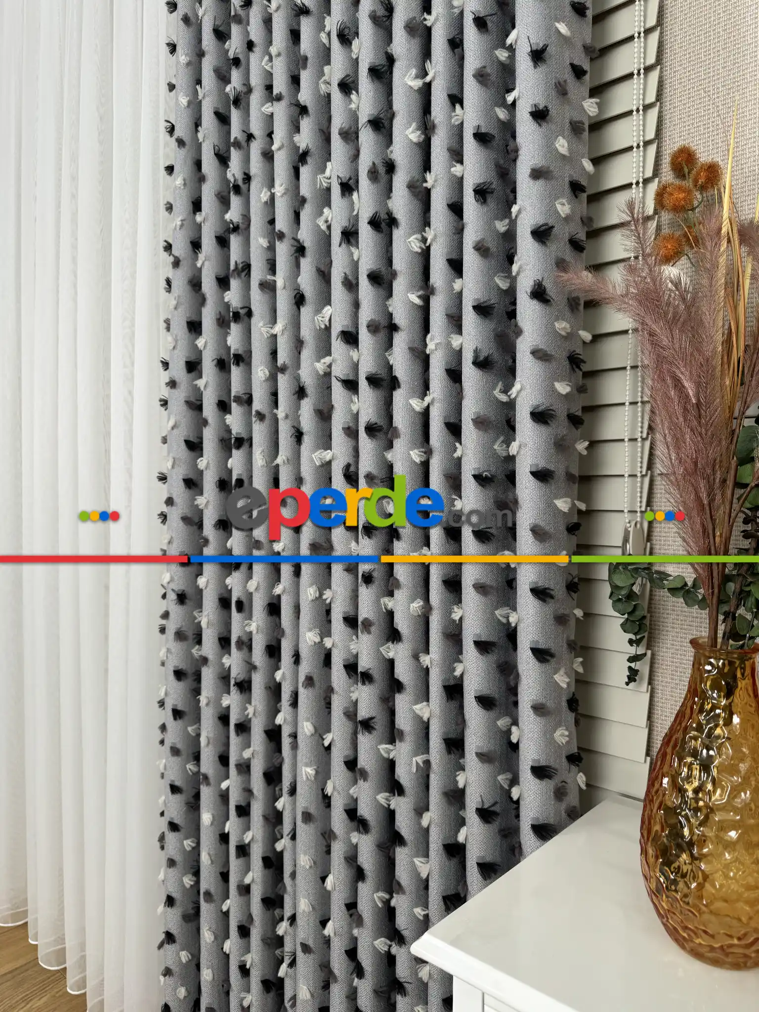 Oturma Odası - Gri Ponponlu Jakar Dokuma, Premium Kalite Serisi Fon Perde