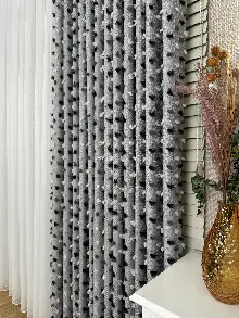 Oturma Odası - Gri Ponponlu Jakar Dokuma, Premium Kalite Serisi Fon Perde