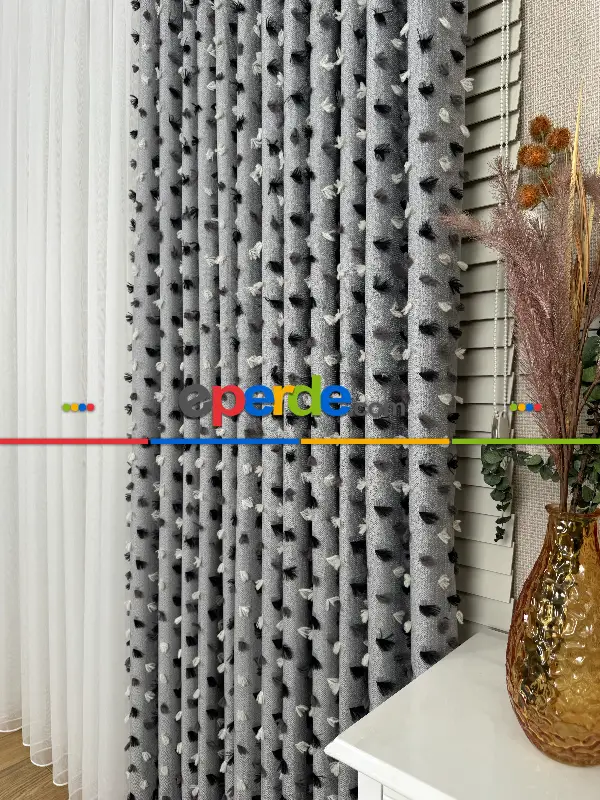 Yatak Odası - Gri Ponponlu Jakar Dokuma, Premium Kalite Serisi Fon Perde