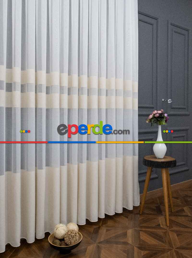 Mutfak Tül - Modern Bantlı Krem Tül - Yüksek Kalite Tül - Enine Çizgili