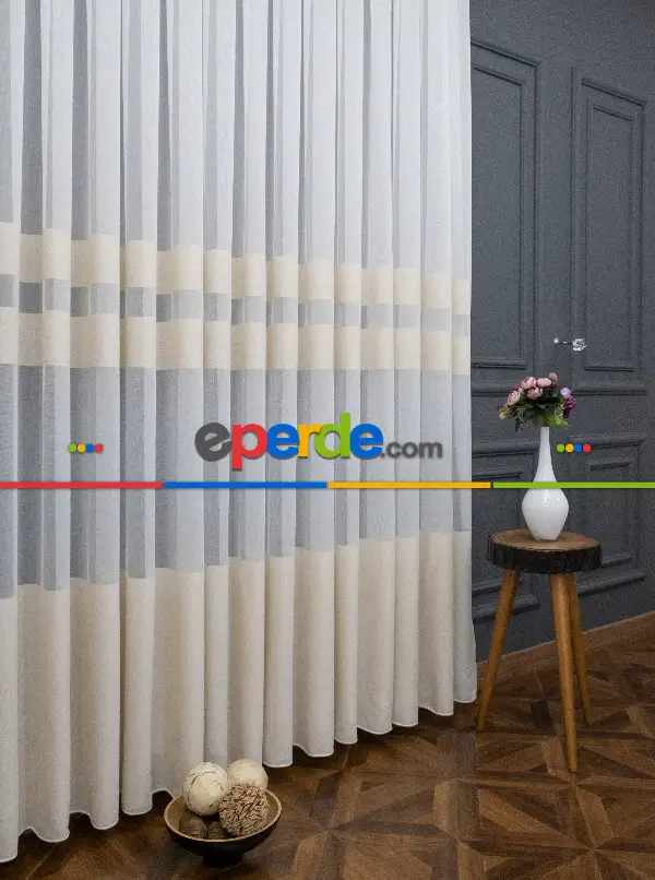 Mutfak Tül - Modern Bantlı Krem Tül - Yüksek Kalite Tül - Enine Çizgili