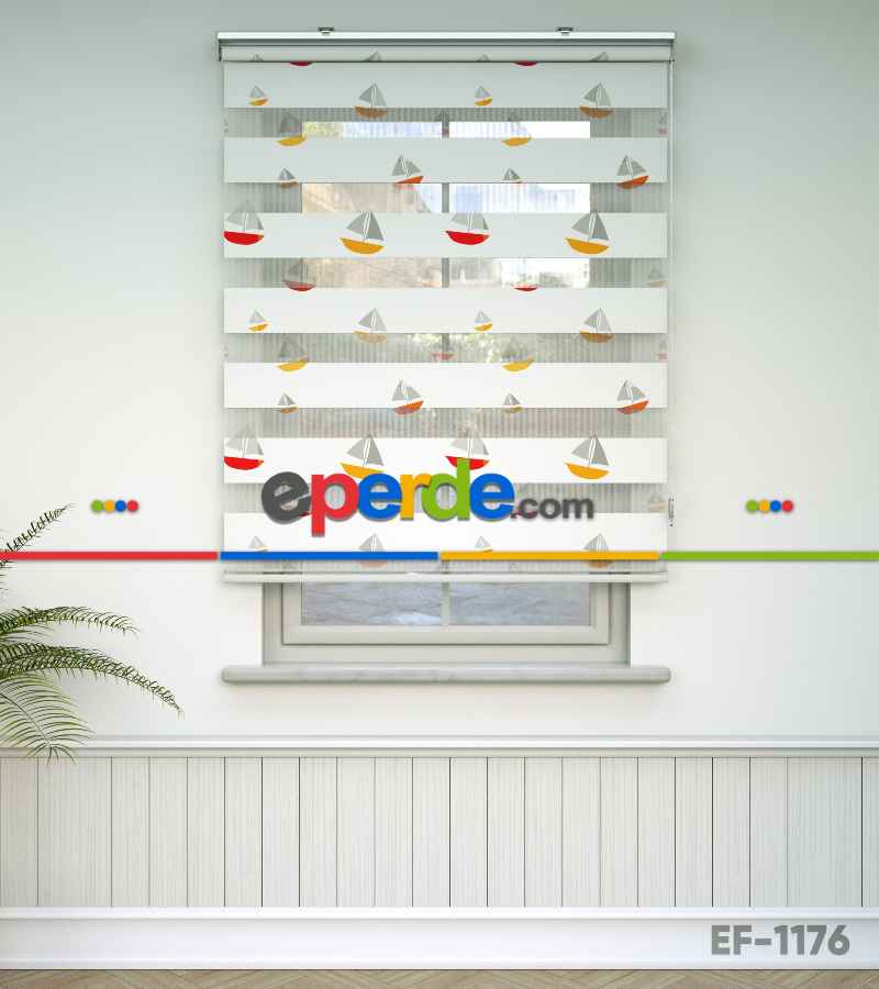 Bebek Odası Zebra Perde - Yelkenli Baskılı Zebra Perde- Kırmızı-Sarı-Beyaz-Gri Açık