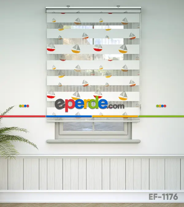 Bebek Odası Zebra Perde - Yelkenli Baskılı Zebra Perde- Kırmızı-Sarı-Beyaz-Gri Açık