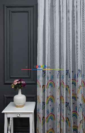 Hazır Ölçülü Petek Zemin Sarı - Pembe Renkli Gökkuşağı Ve Sevimli Hayvanlar Desenli Grek Baskılı Tül Perde