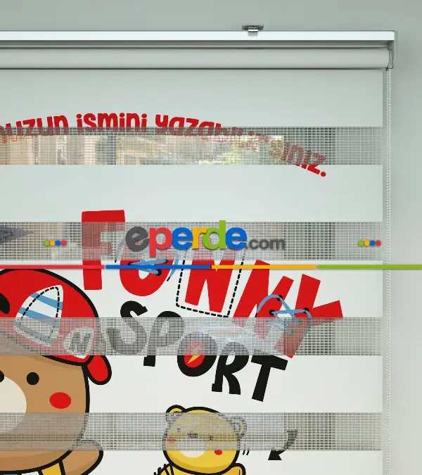 Sevimli Ayıcık Desenli Özel Baskılı Zebra Perde- Çok Renkli